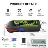 Ovonic 5000mah 6S 22.2V 50C Lipo Battery Pack with EC5 Plug for Airplane&Heli 1/10 SENTON 6S
